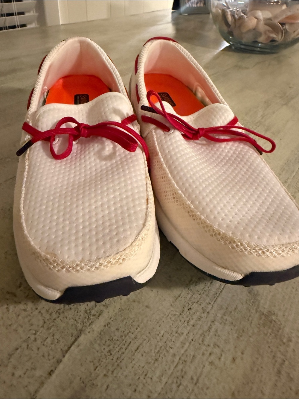 Mens Swims Breeze Leap White Slip-On Loafers with Red Accents